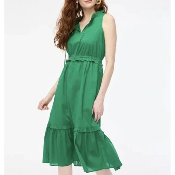 J. CREW FACTORY Tie Front Sleeveless Tiered Midi Dress Green Size NWT
